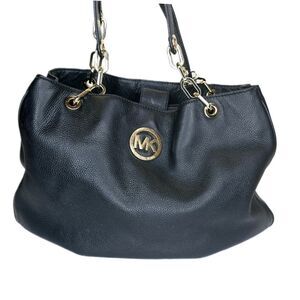 Michael Kors Fulton Tote Soft Black Pebbled Leather Chain Shoulder Bag Purse Med